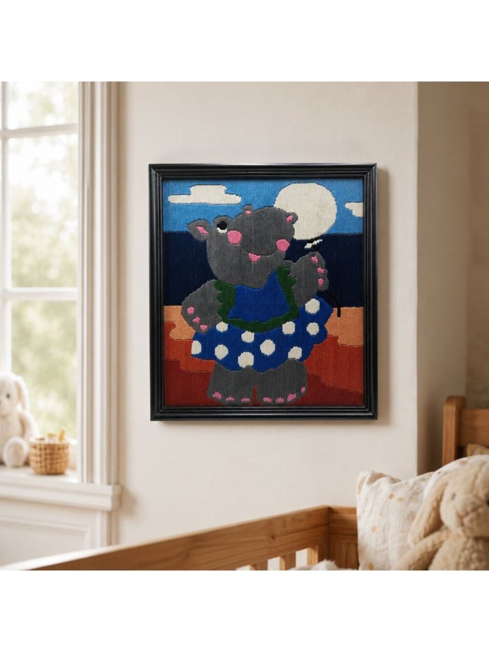 Hippo Needlepoint Framed in Black Wood Frame 10.7 x 9.5" Vintage